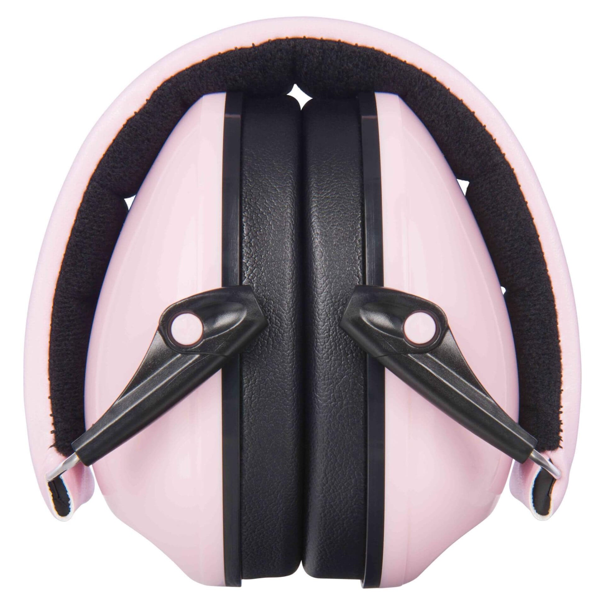 A pair of pink over-ear defenders folded together with black ear cushions pressed inward and a padded headband curved around the top.
