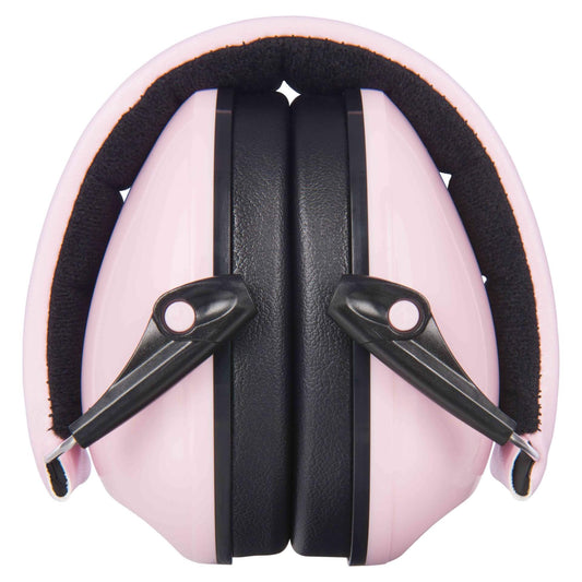 A pair of pink over-ear defenders folded together with black ear cushions pressed inward and a padded headband curved around the top.