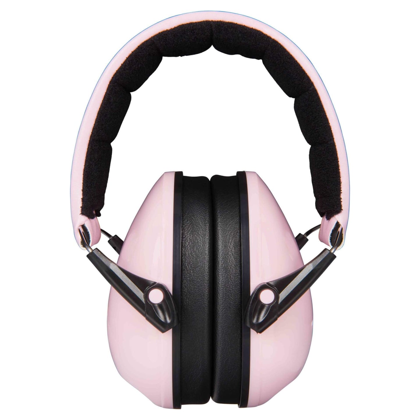 A set of pink ear defenders viewed from the front, showing two black-cushioned ear cups and a padded headband arching above.
