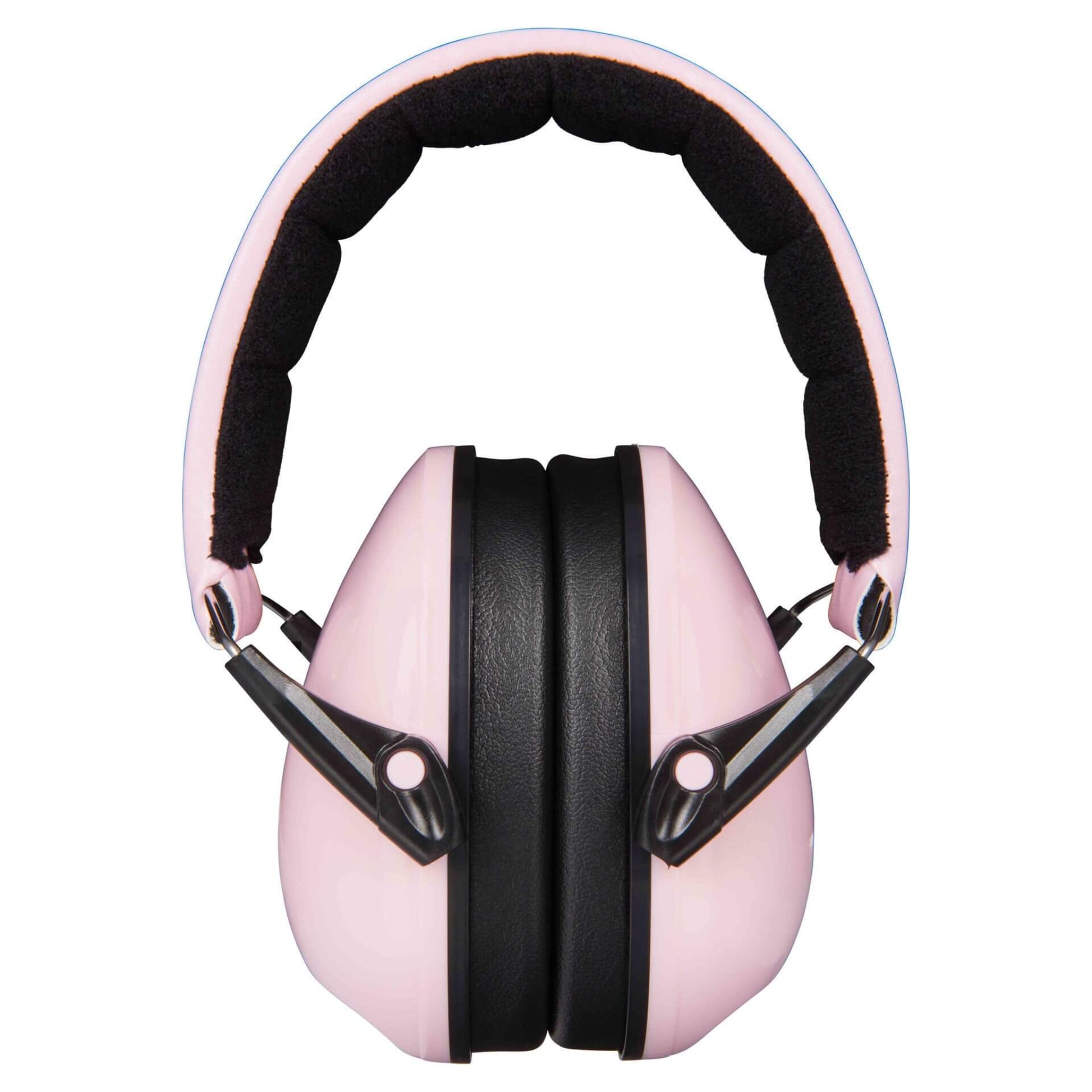 A set of pink ear defenders viewed from the front, showing two black-cushioned ear cups and a padded headband arching above.
