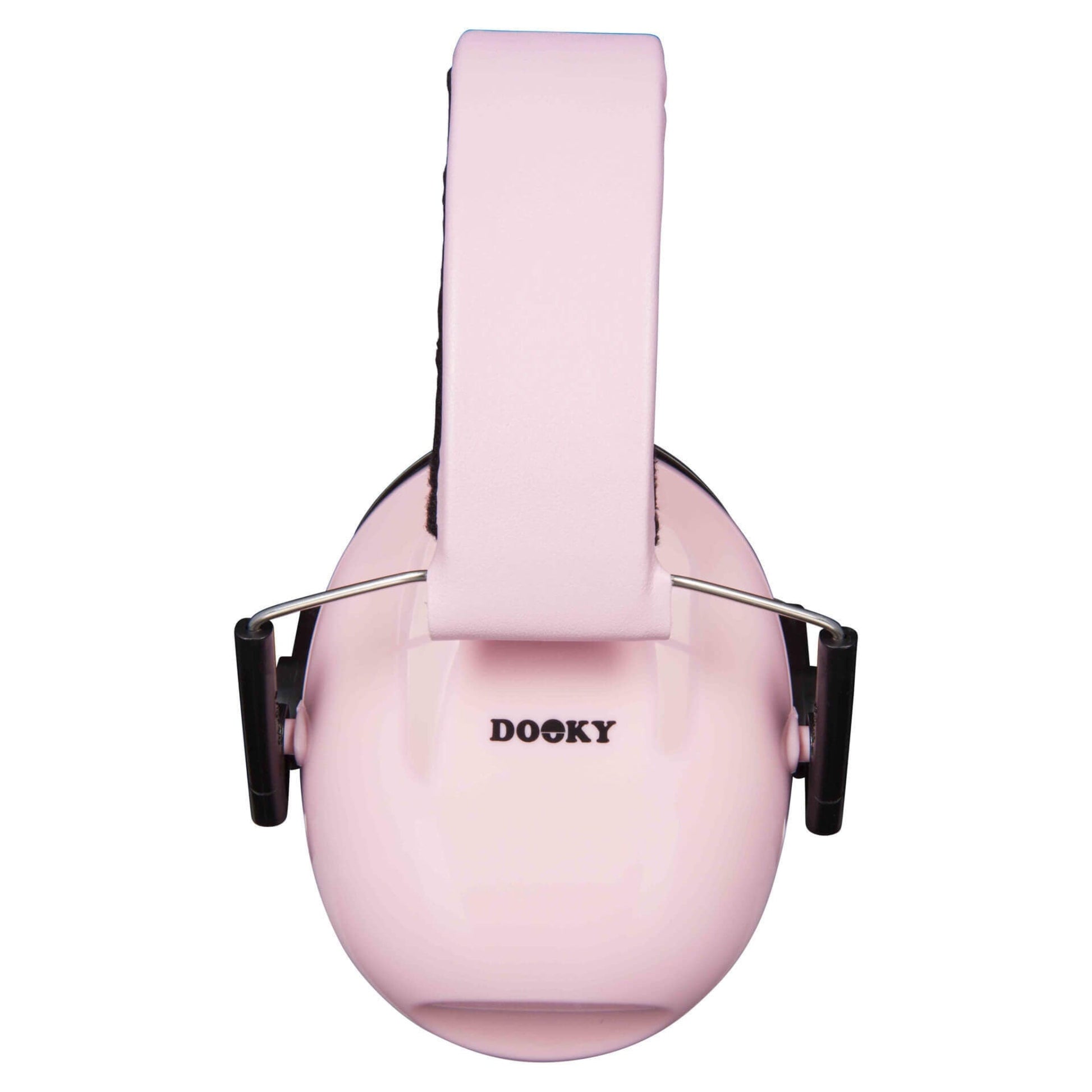 A close-up of a pink padded headband attached to pink ear defenders, with a black Dooky logo visible on one ear cup.