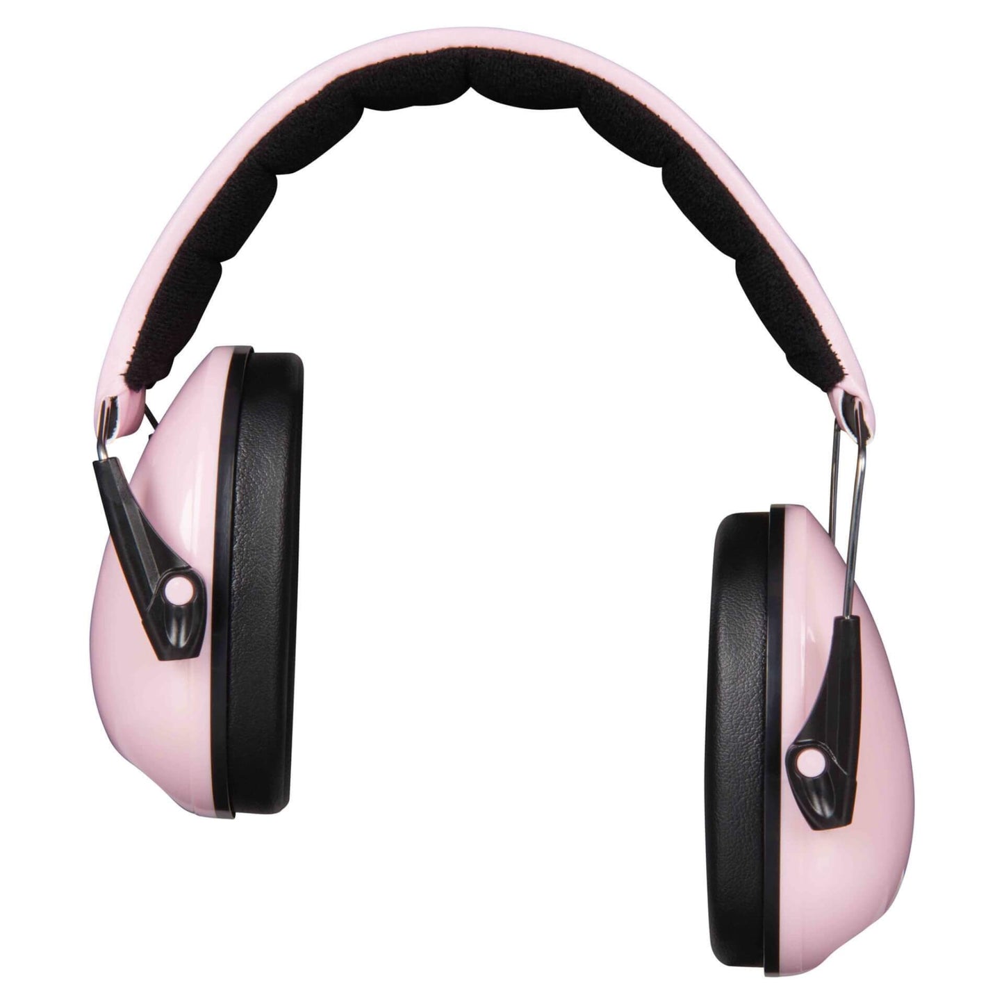 A pink ear defender shown from the side, displaying one pink ear cup with black cushioning and part of a curved headband above.