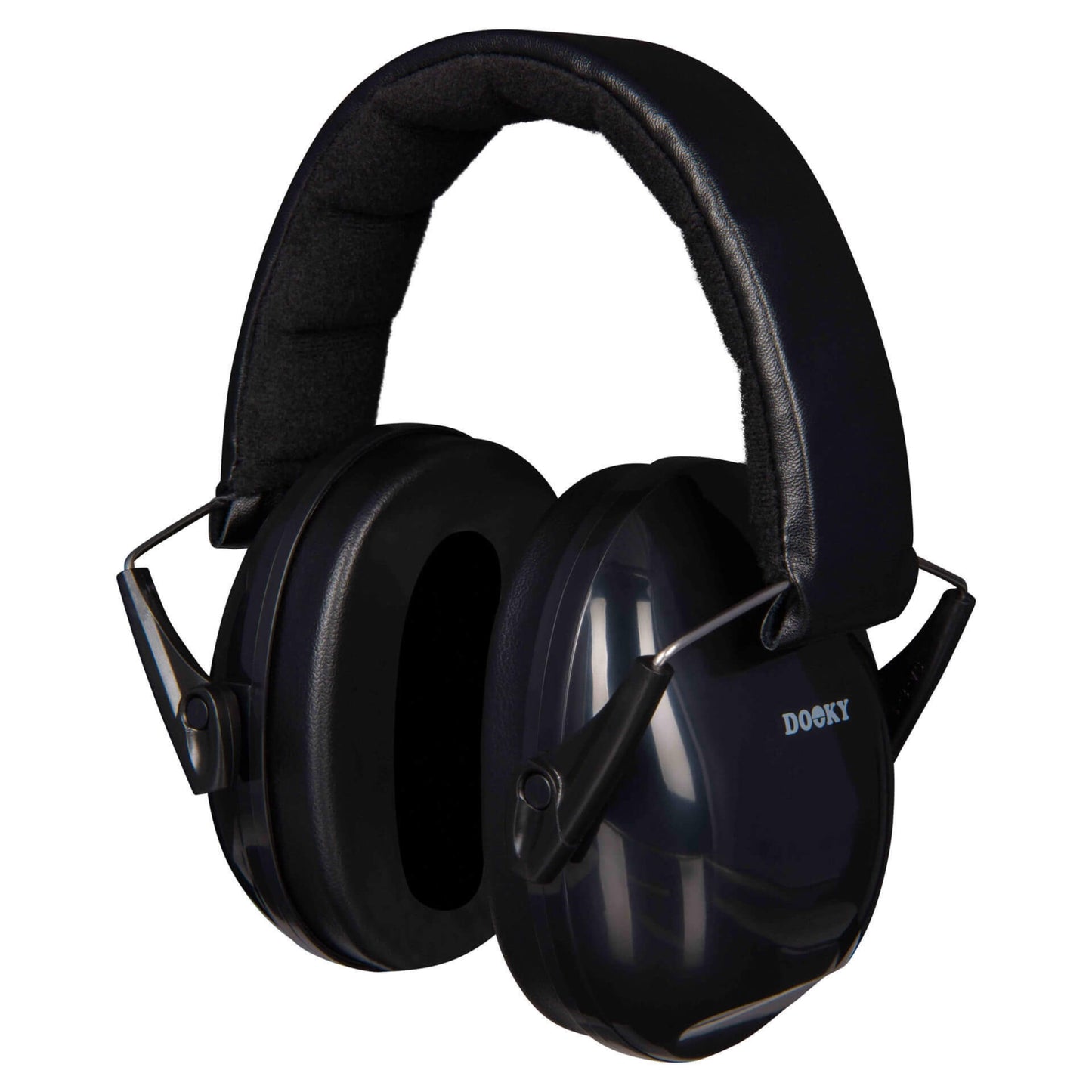 Dooky Junior Ear Defenders in black with black padded ear cushions and an adjustable cushioned headband, shown angled to display full structure.