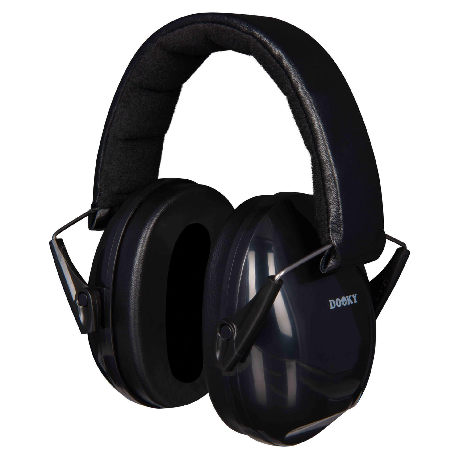 Dooky Junior Ear Defenders in black with black padded ear cushions and an adjustable cushioned headband, shown angled to display full structure.