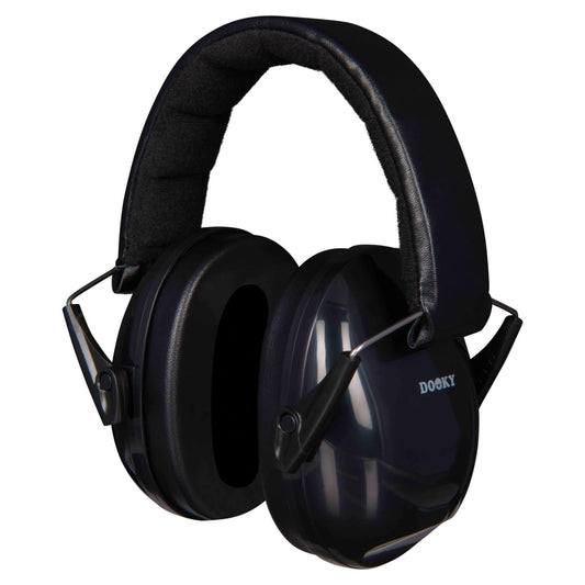 Dooky Junior Ear Defenders in black with black padded ear cushions and an adjustable cushioned headband, shown angled to display full structure.