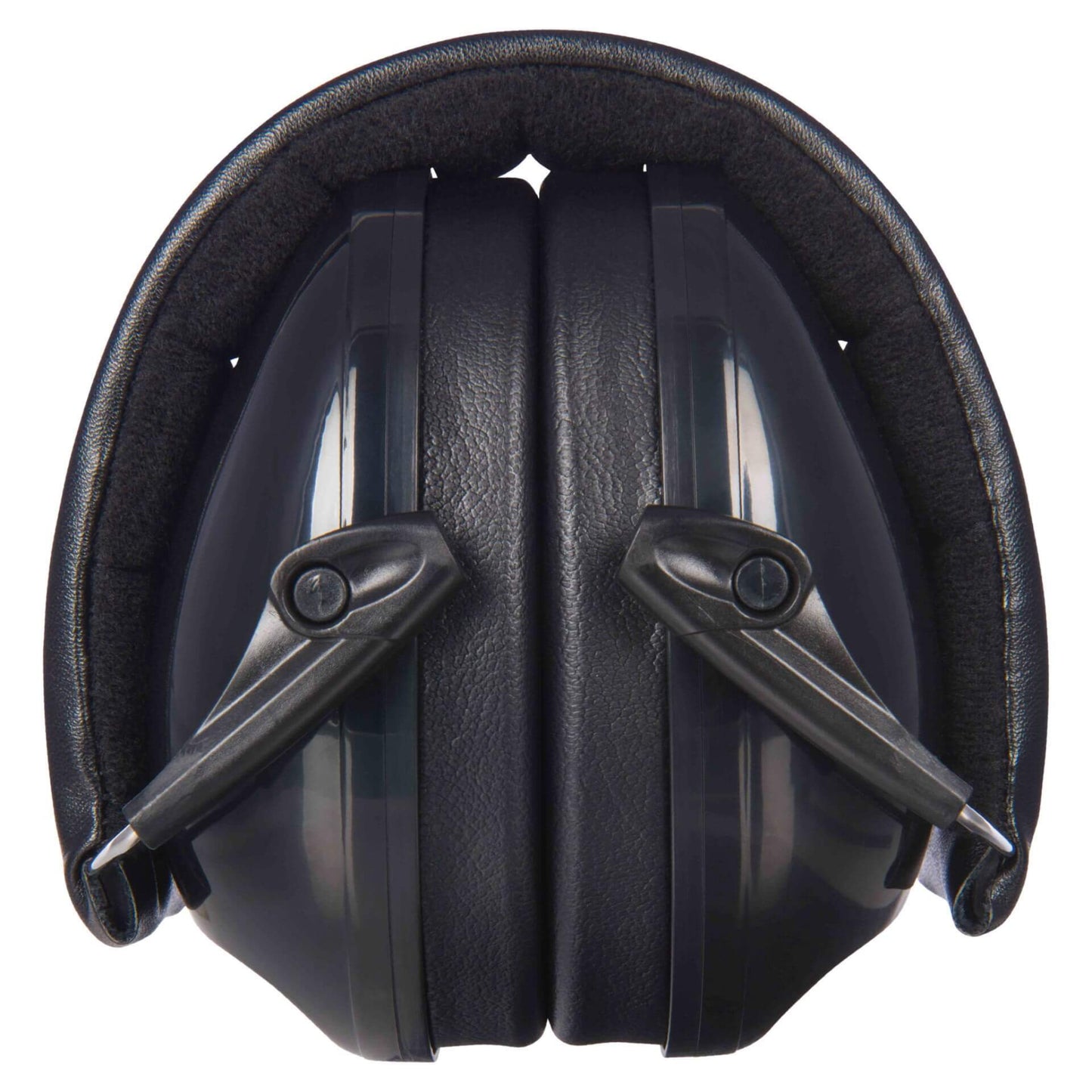 A pair of black over-ear defenders folded together with black ear cushions pressed inward and a padded headband curved around the top.