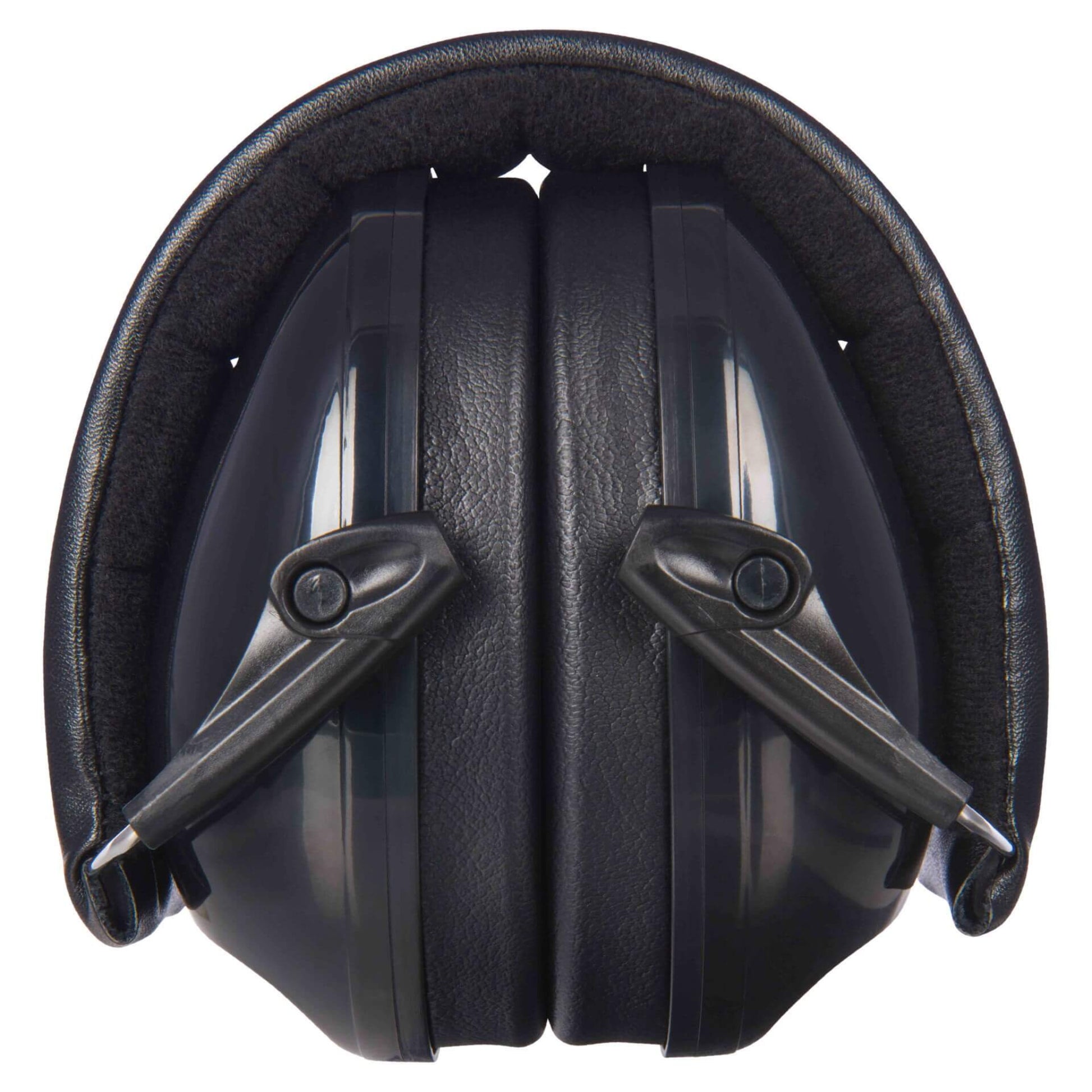 A pair of black over-ear defenders folded together with black ear cushions pressed inward and a padded headband curved around the top.