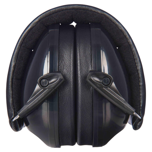 A pair of black over-ear defenders folded together with black ear cushions pressed inward and a padded headband curved around the top.