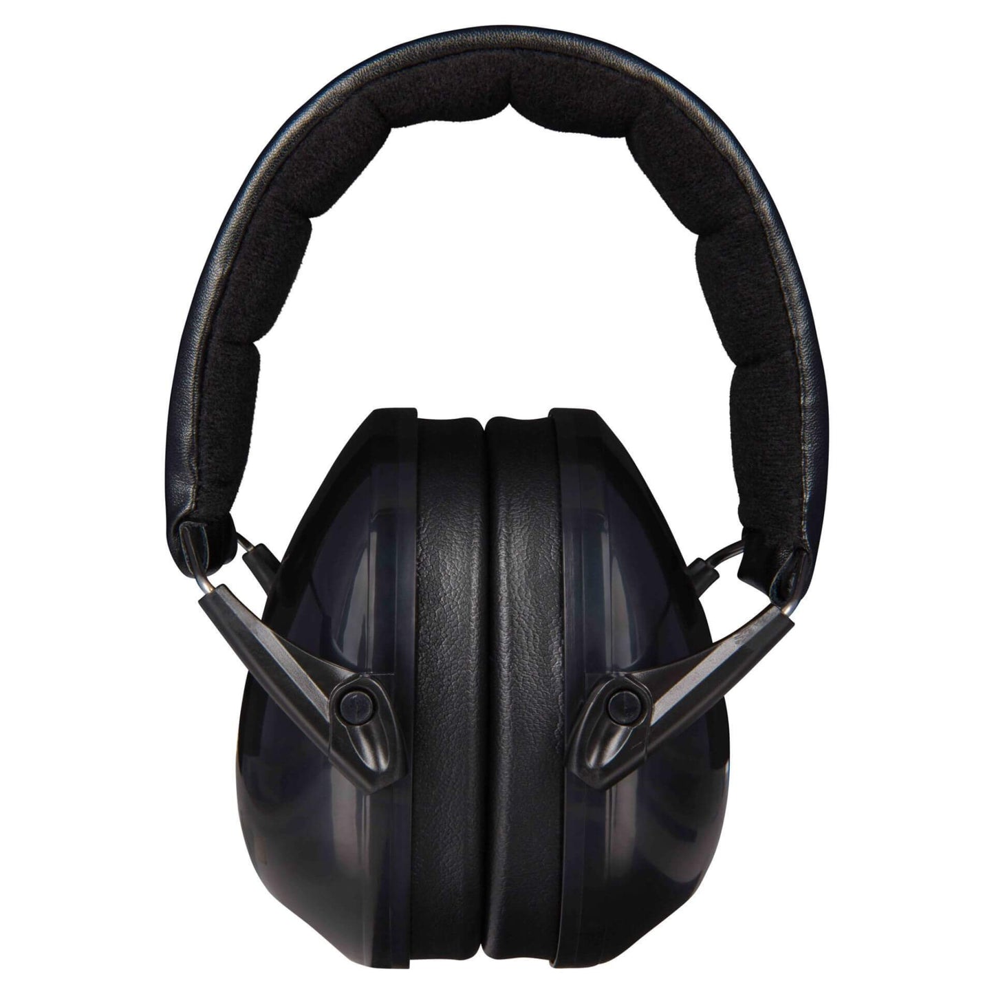 A set of black ear defenders viewed from the front, showing two black-cushioned ear cups and a padded headband arching above.