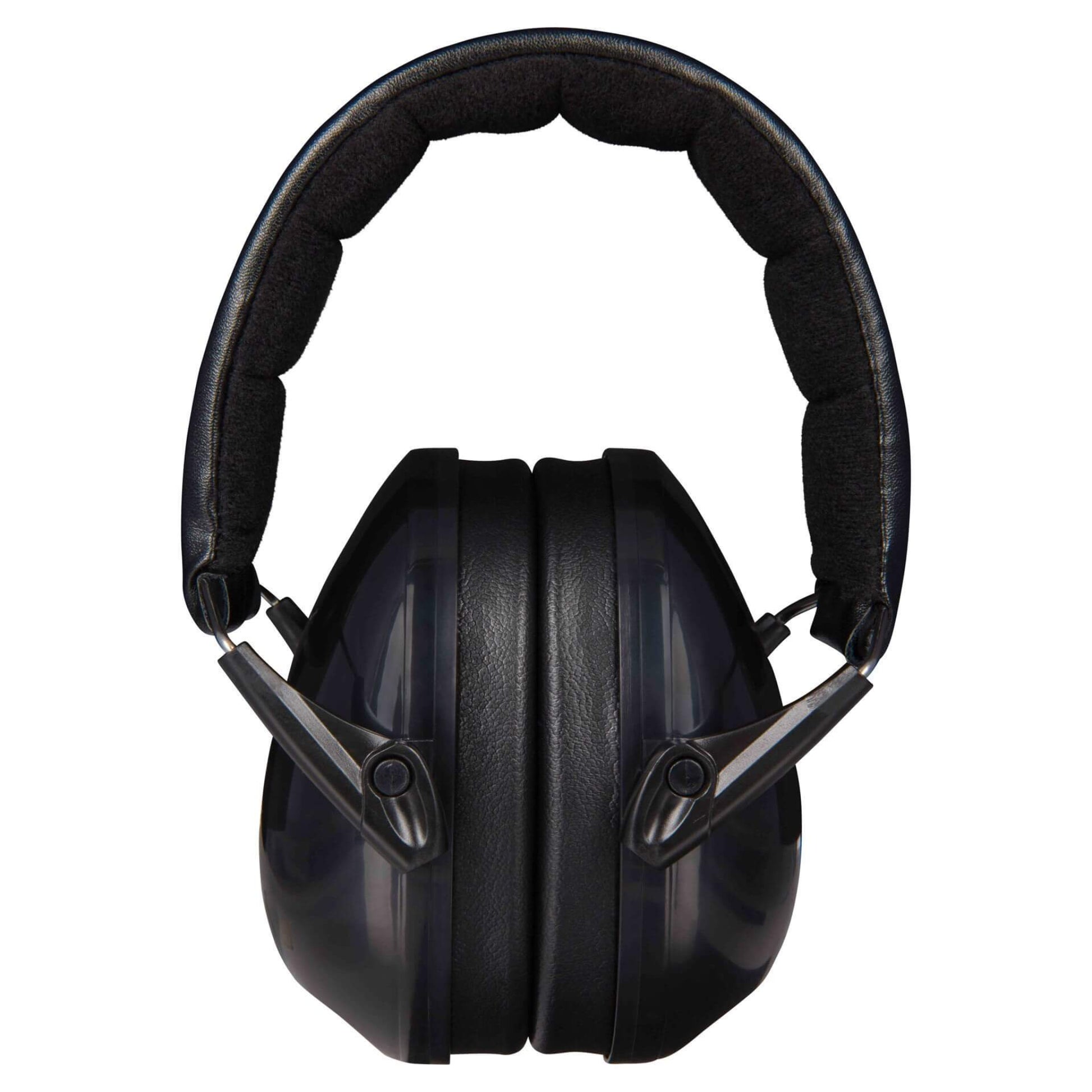 A set of black ear defenders viewed from the front, showing two black-cushioned ear cups and a padded headband arching above.