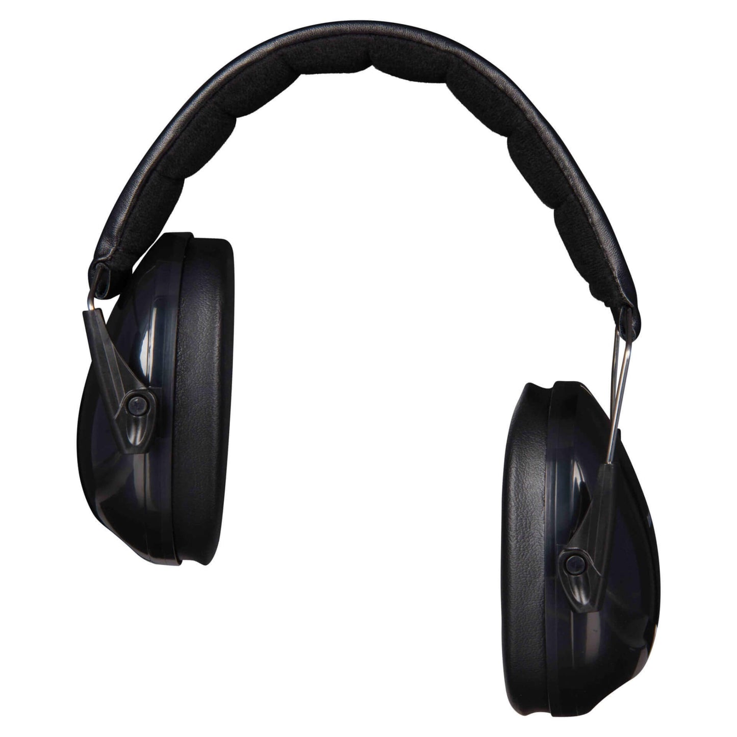 A black ear defender shown from the side, displaying one black ear cup with black cushioning and part of a curved headband above.