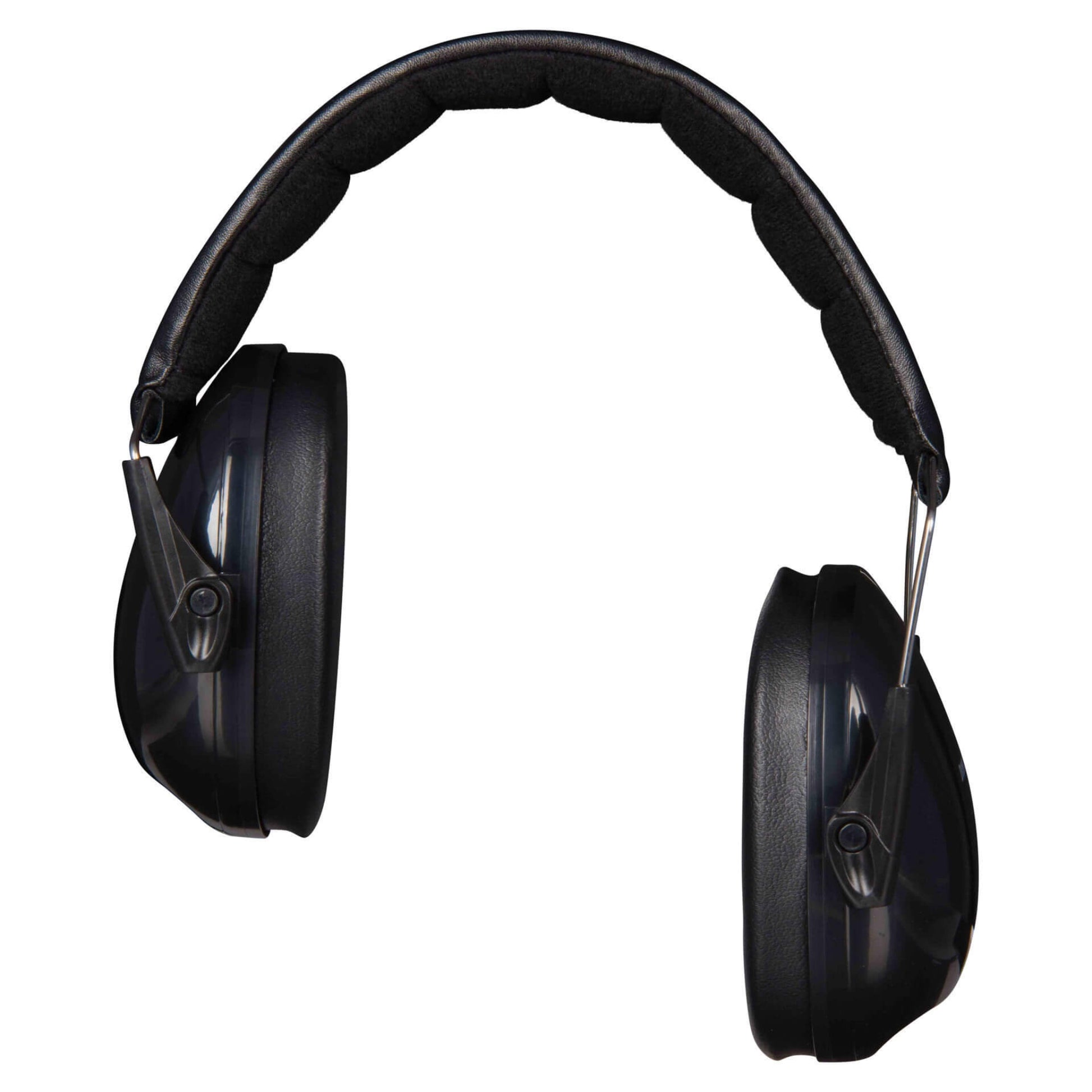 A black ear defender shown from the side, displaying one black ear cup with black cushioning and part of a curved headband above.