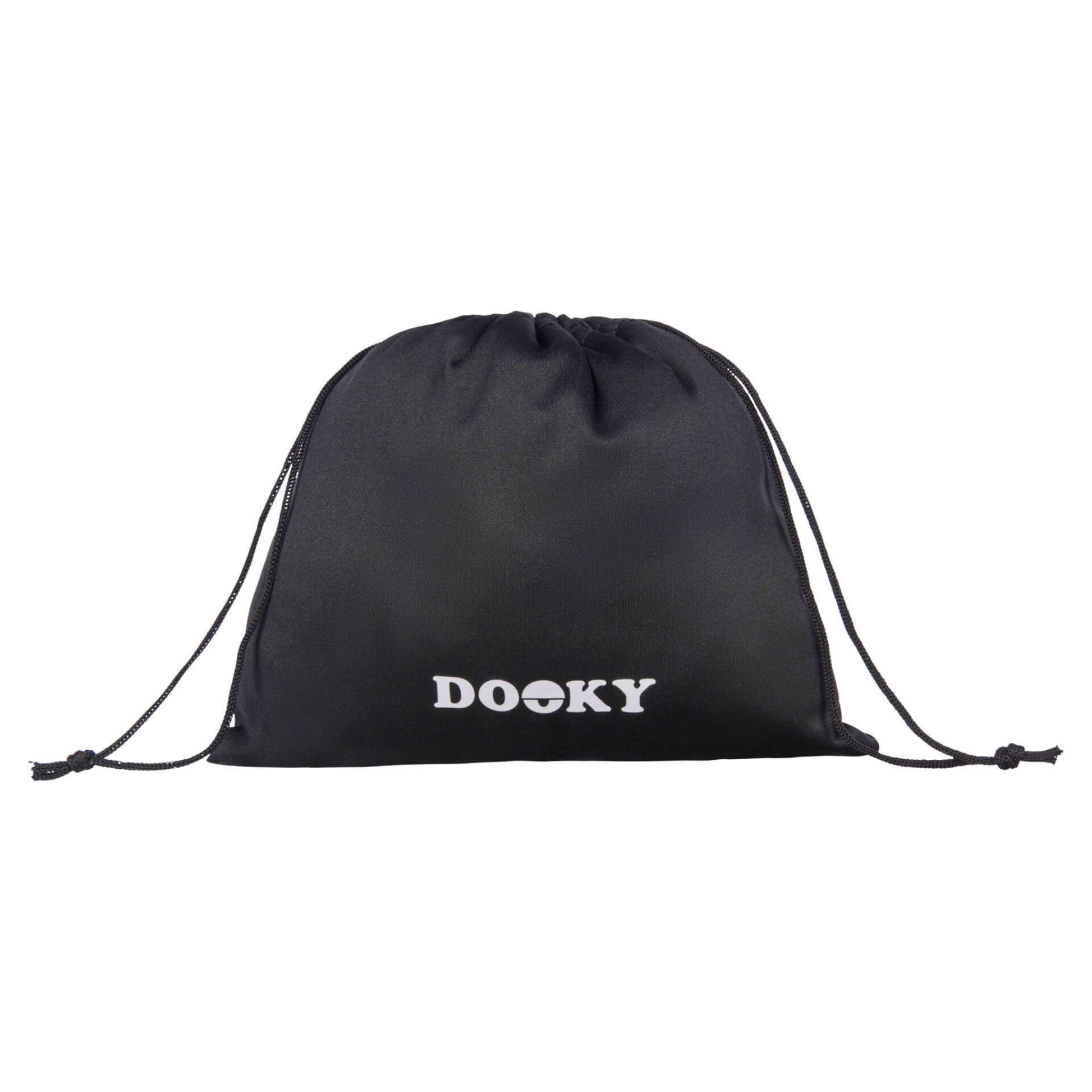 A black drawstring storage pouch lying flat with a white Dooky logo printed on the front.