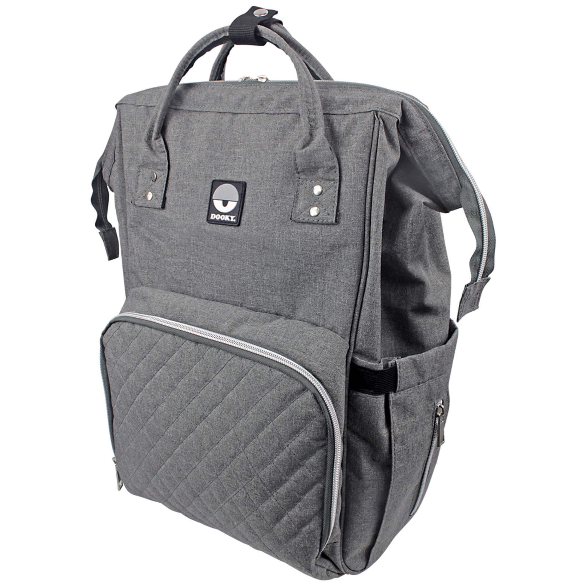 A Dooky Large Changing Bag in grey mélange fabric with quilted front pocket, top handles, and silver zips, shown standing upright at an angle.
