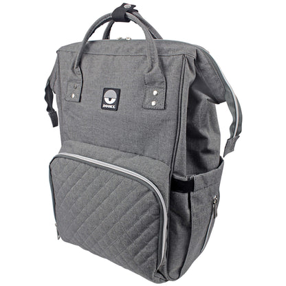 A Dooky Large Changing Bag in grey mélange fabric with quilted front pocket, top handles, and silver zips, shown standing upright at an angle.