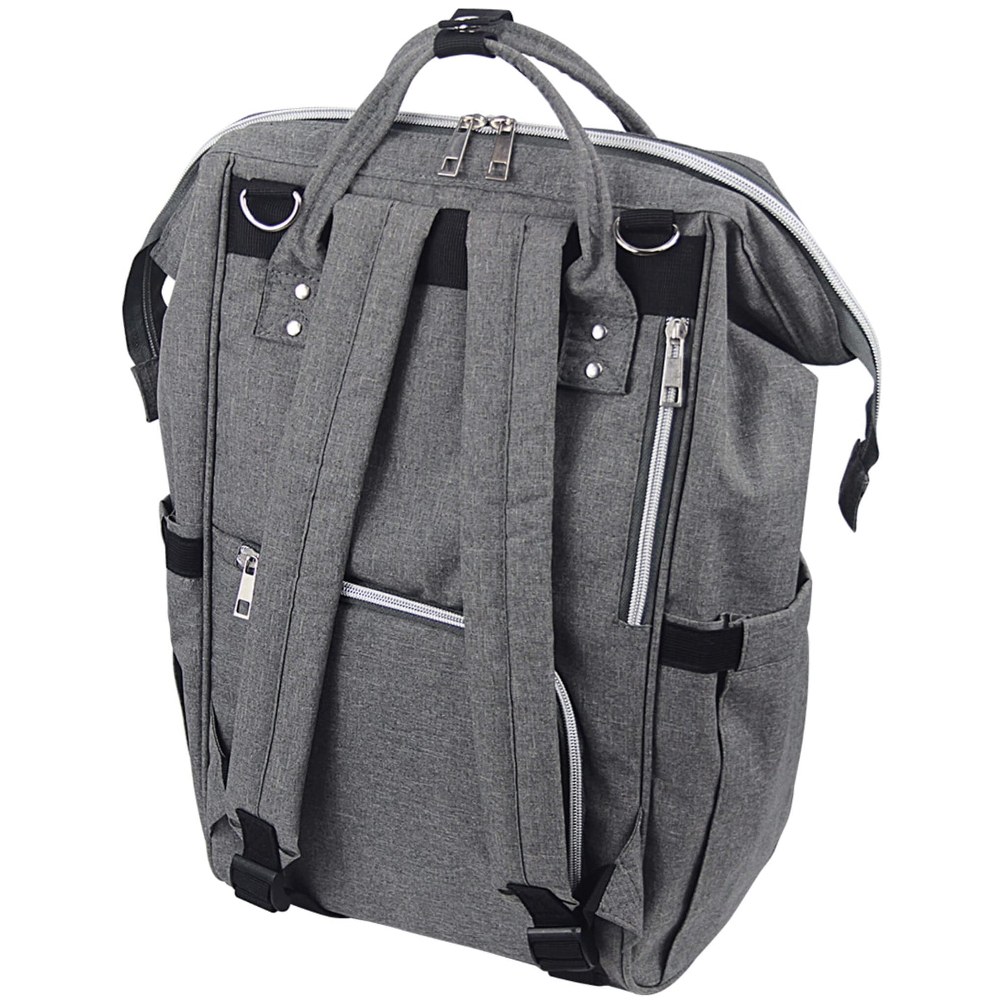 A grey backpack-style changing bag photographed from the back, showing padded shoulder straps, rear zipped pockets, and adjustable buckle straps at the base.