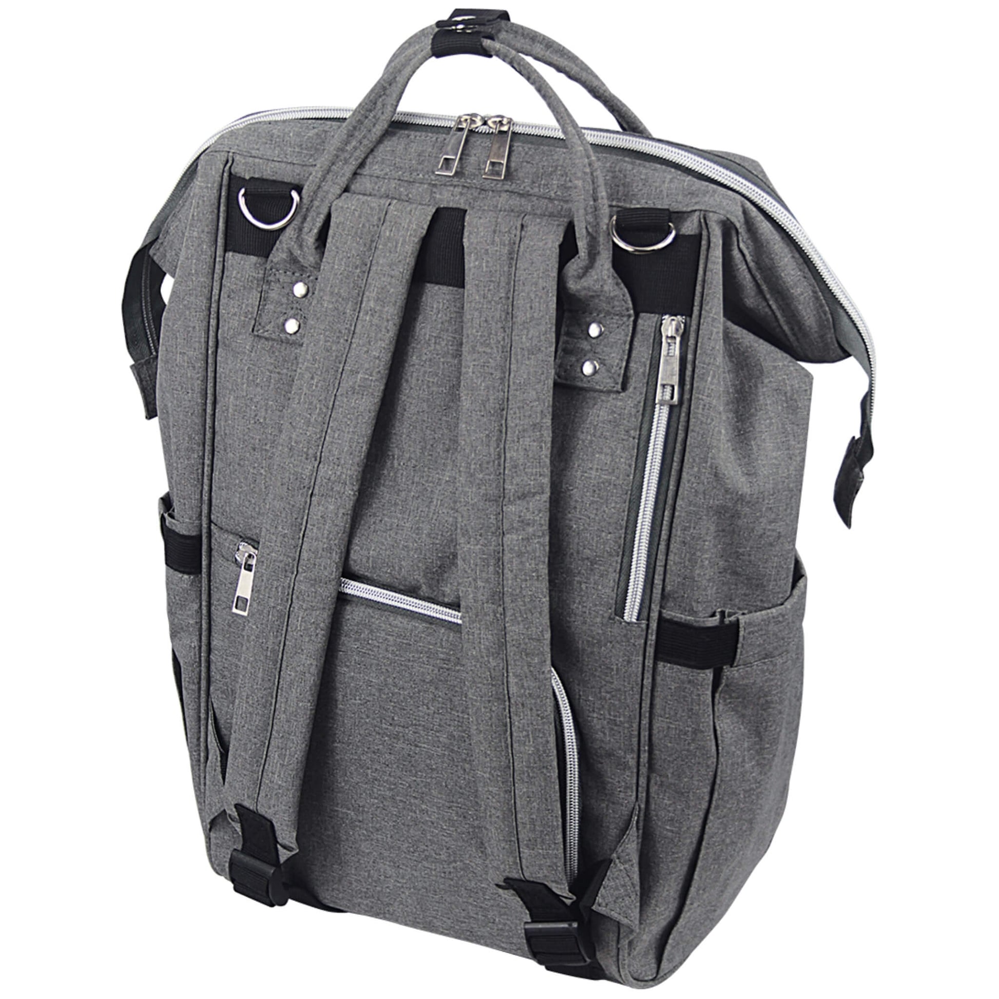 A grey backpack-style changing bag photographed from the back, showing padded shoulder straps, rear zipped pockets, and adjustable buckle straps at the base.