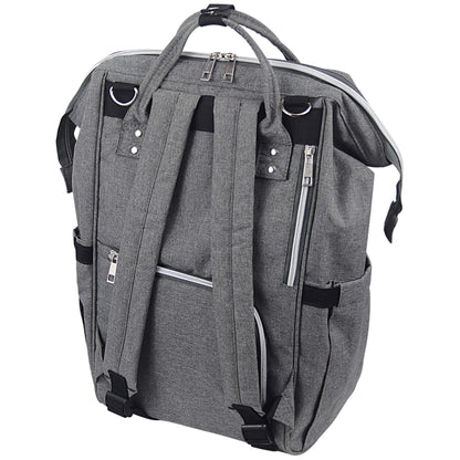 A grey backpack-style changing bag photographed from the back, showing padded shoulder straps, rear zipped pockets, and adjustable buckle straps at the base.