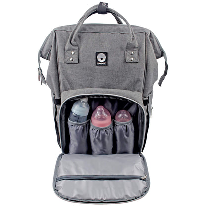 A front view of a changing bag with the lower compartment unzipped to reveal three insulated bottle holders, each holding a baby bottle.