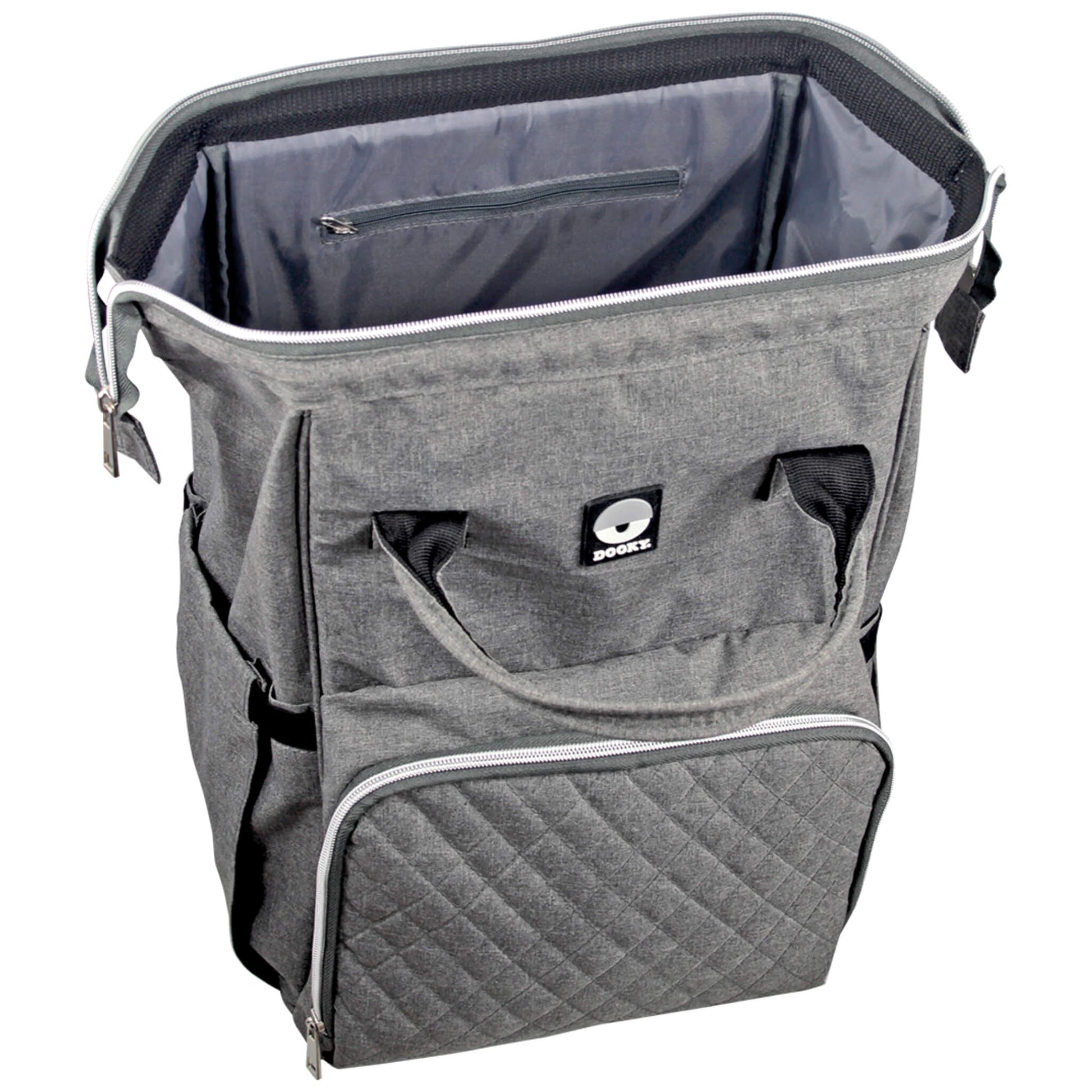 A grey changing bag with its top fully open, revealing a large main compartment and an internal zipped pocket against a water-resistant lining.