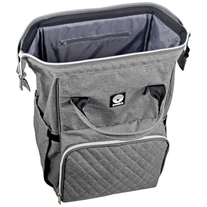 A grey changing bag with its top fully open, revealing a large main compartment and an internal zipped pocket against a water-resistant lining.