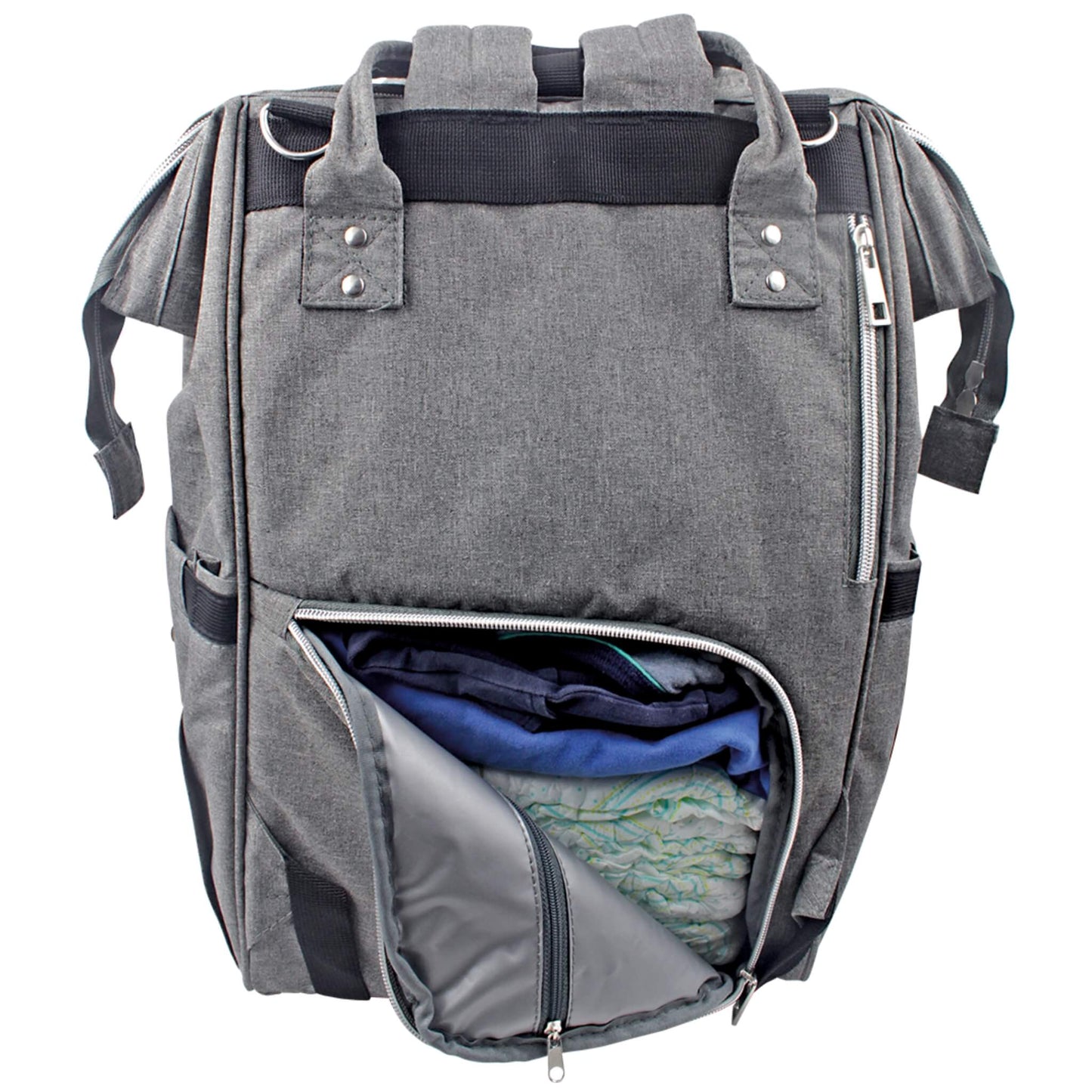 A rear view of a changing bag with the bottom zip pocket opened to show folded clothes and baby essentials neatly packed inside.