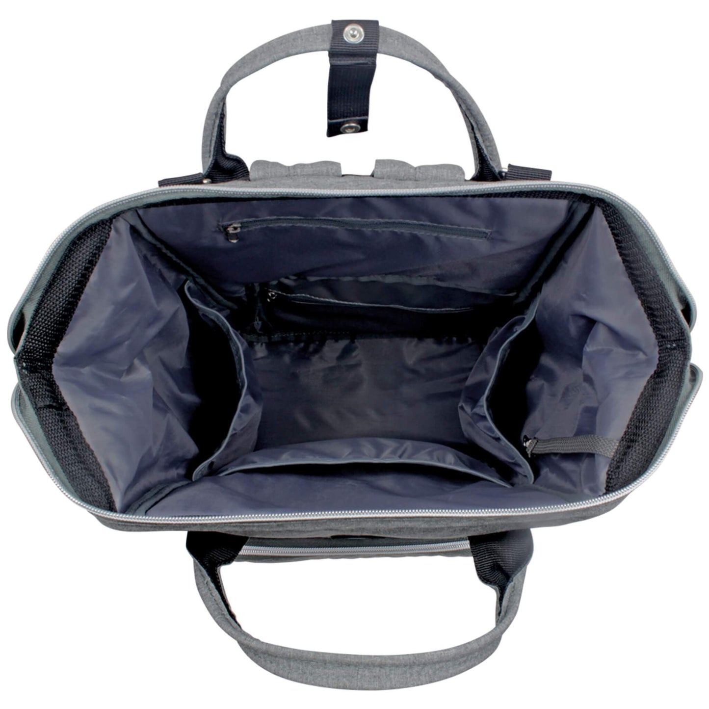 A wide top-down view of a spacious changing bag interior, showing four internal side pockets and a zipped section in the lining.