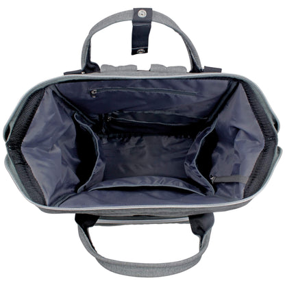 A wide top-down view of a spacious changing bag interior, showing four internal side pockets and a zipped section in the lining.