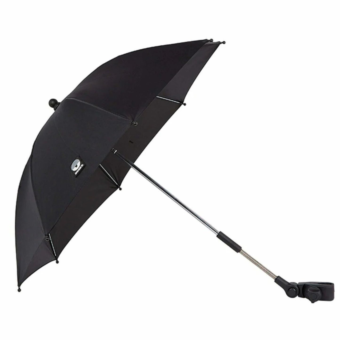 A black stroller parasol shown from the side, open with a slightly curved canopy and an extended silver pole attached to a mounting clamp.