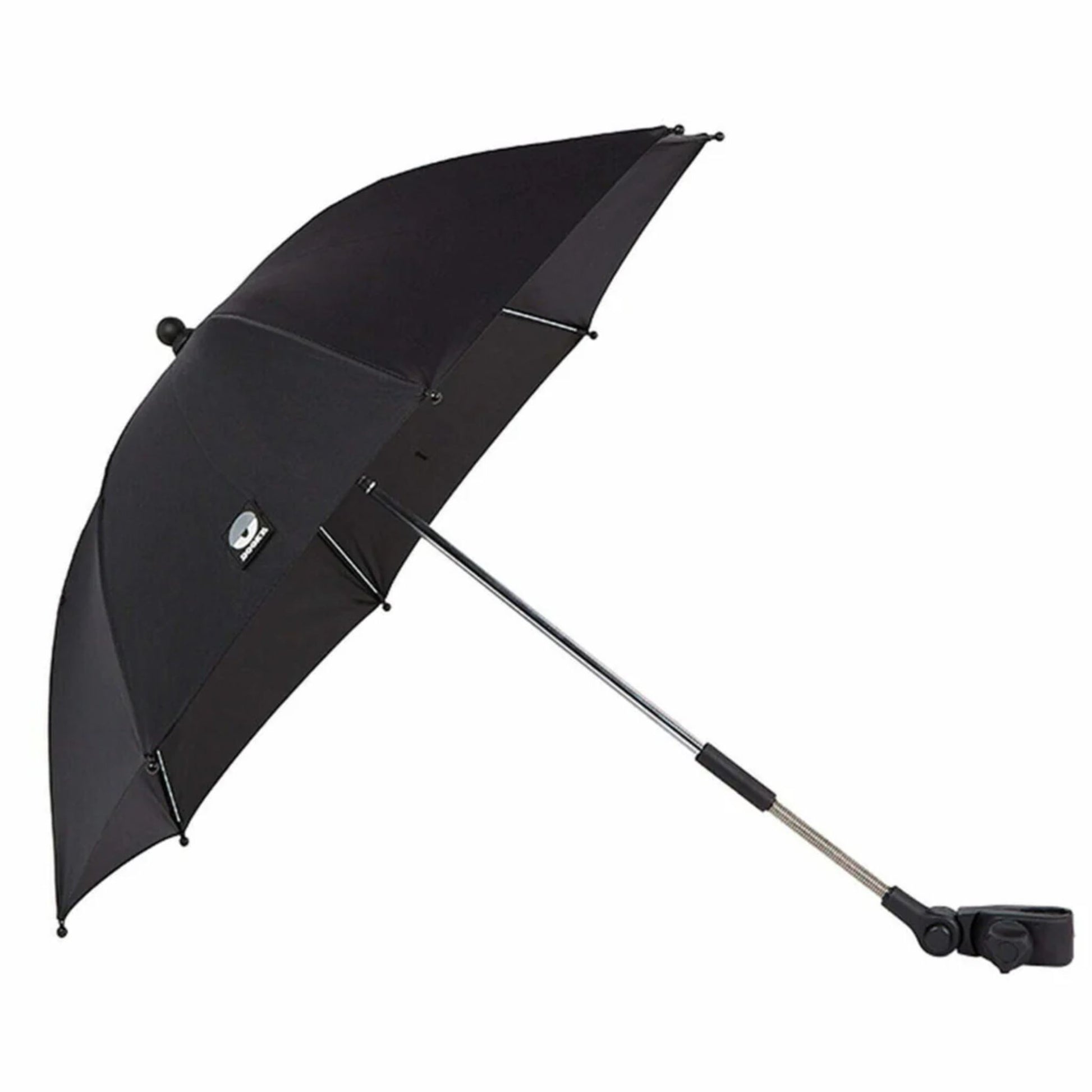 A black stroller parasol shown from the side, open with a slightly curved canopy and an extended silver pole attached to a mounting clamp.