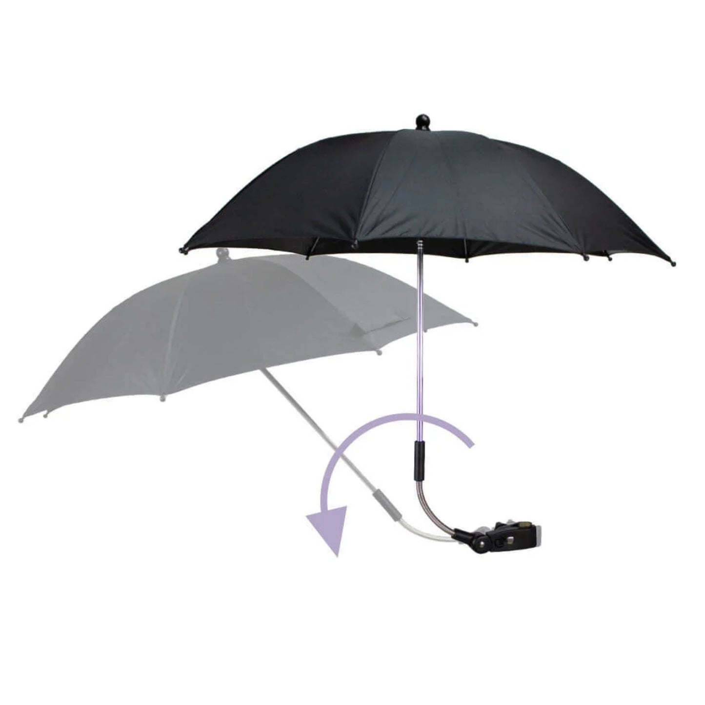 A stroller parasol demonstrating vertical tilt functionality with a pivoting arm and curved pole adjustment, shown with a translucent duplicate to indicate movement.