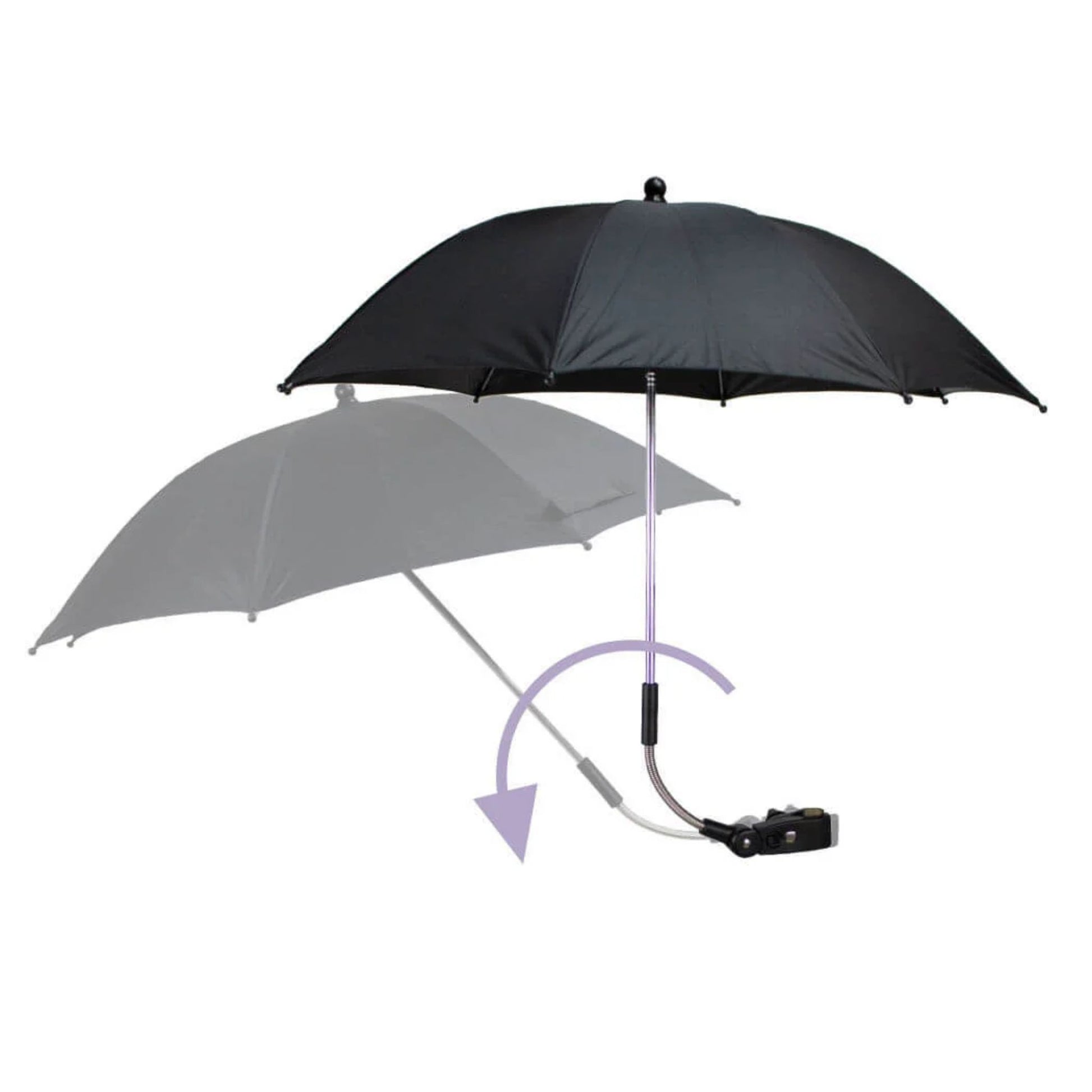 A stroller parasol demonstrating vertical tilt functionality with a pivoting arm and curved pole adjustment, shown with a translucent duplicate to indicate movement.