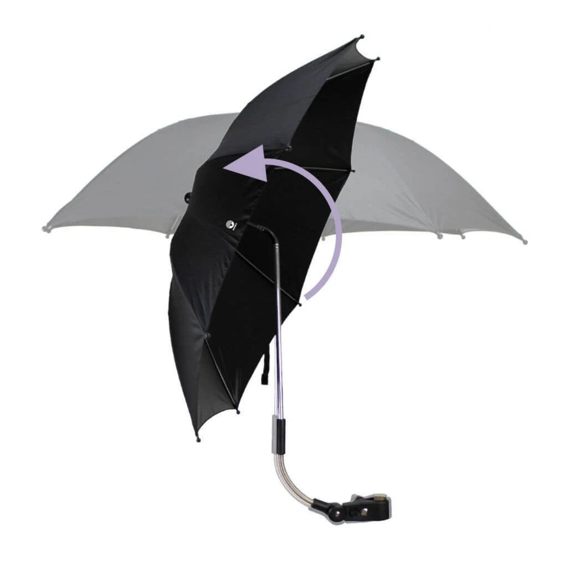 A stroller parasol illustrating the ability to rotate the canopy horizontally with an arrow graphic showing the motion.