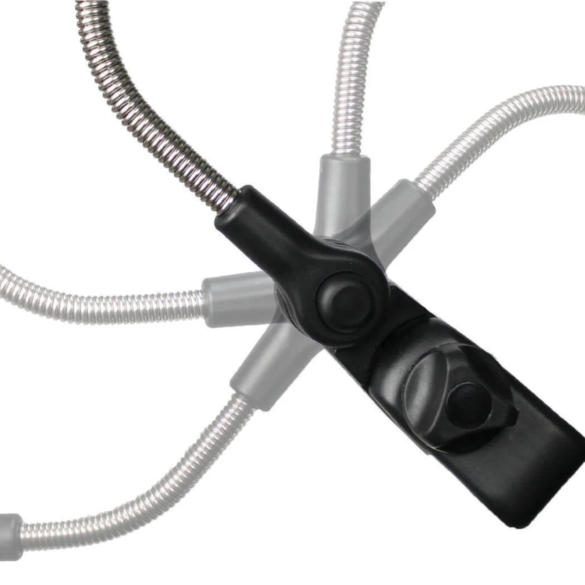 Close-up of a flexible coiled metal arm with a black joint mechanism, demonstrating multi-directional movement for canopy positioning.