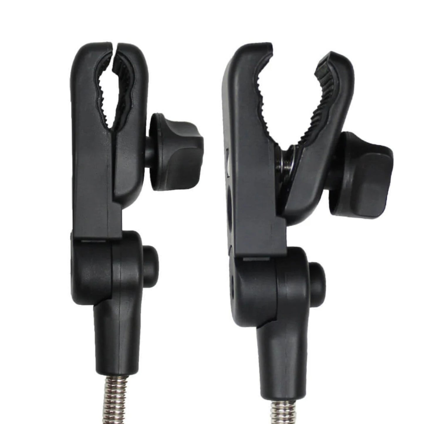 Side-by-side close-up of two adjustable clamp heads with textured grips, designed to attach the parasol to various stroller frames.