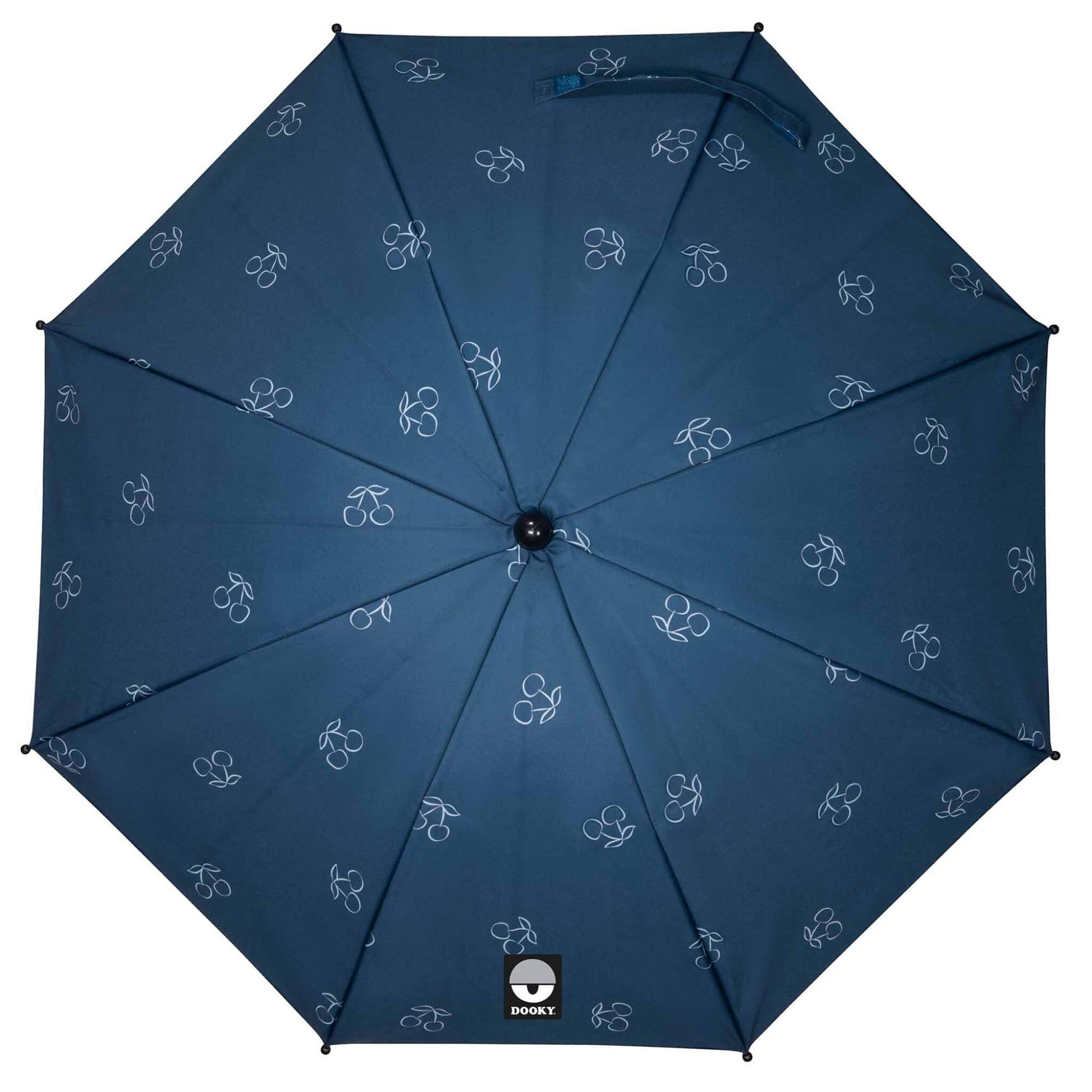 Dooky Parasol in Blue Cherry design, fully open to show navy canopy with delicate white cherry illustrations and central logo.