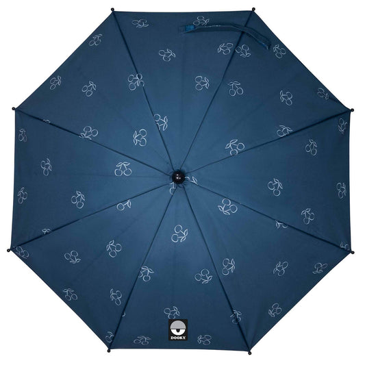 Dooky Parasol in Blue Cherry design, fully open to show navy canopy with delicate white cherry illustrations and central logo.