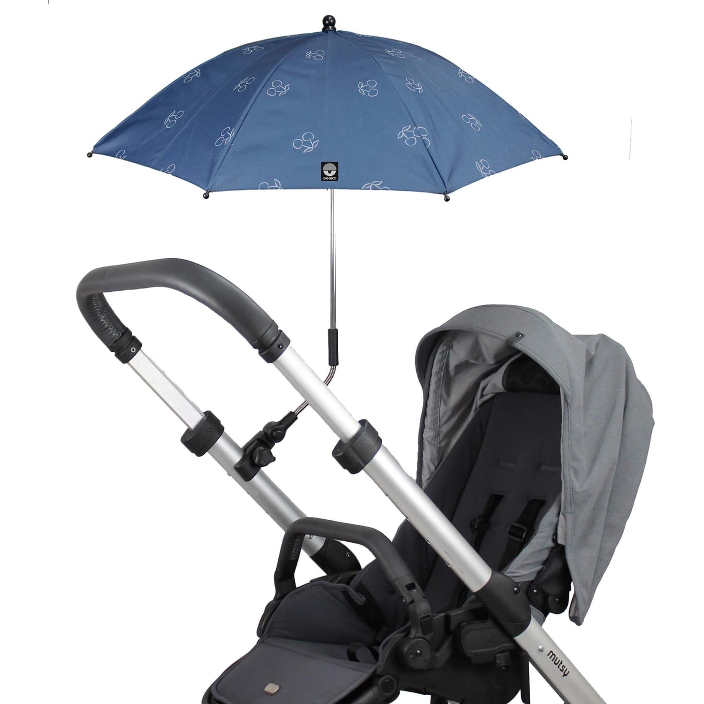 Dooky Blue Cherry parasol positioned on a pram with grey seat, viewed from the side to show sunshade angle and pram handle attachment.