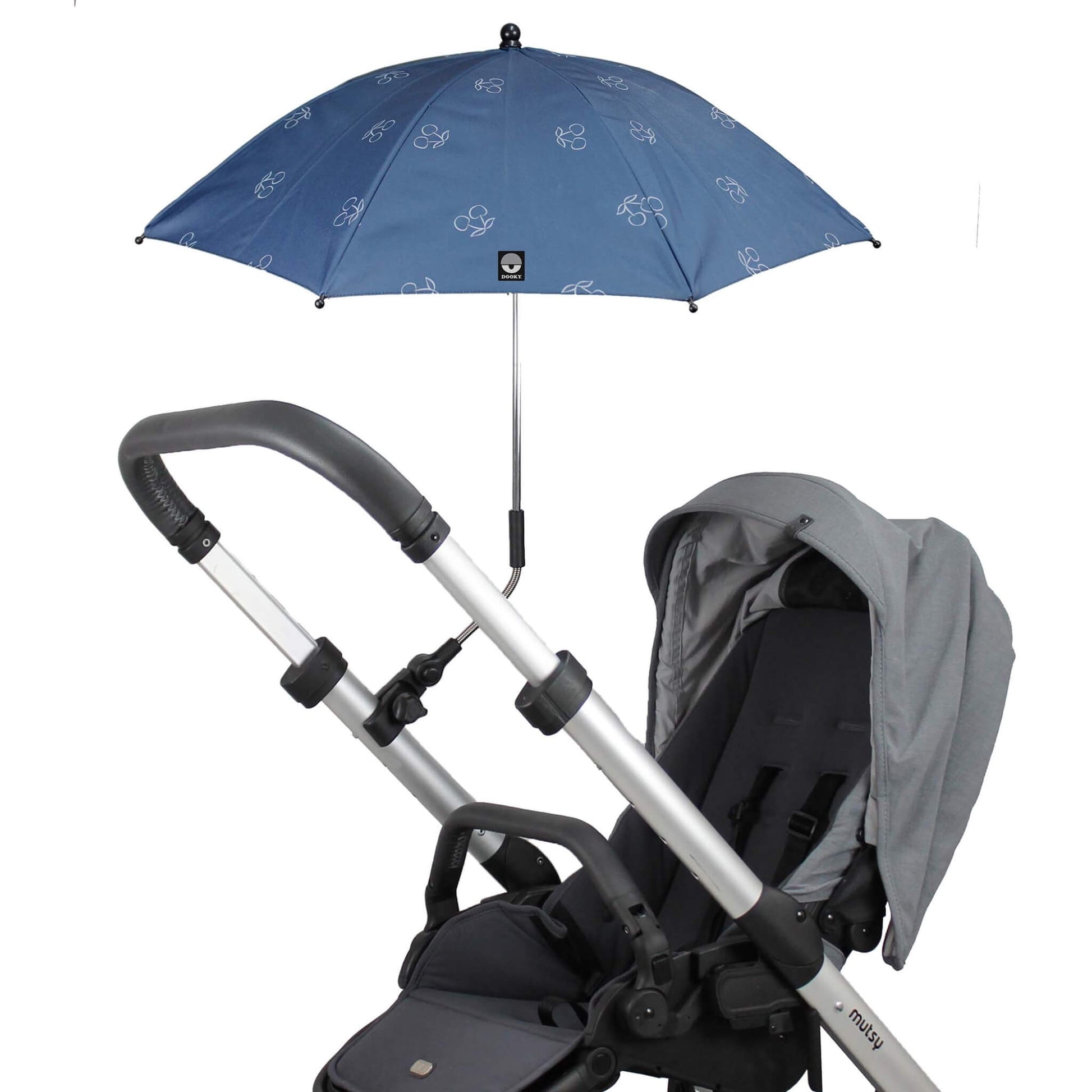Dooky Blue Cherry parasol positioned on a pram with grey seat, viewed from the side to show sunshade angle and pram handle attachment.