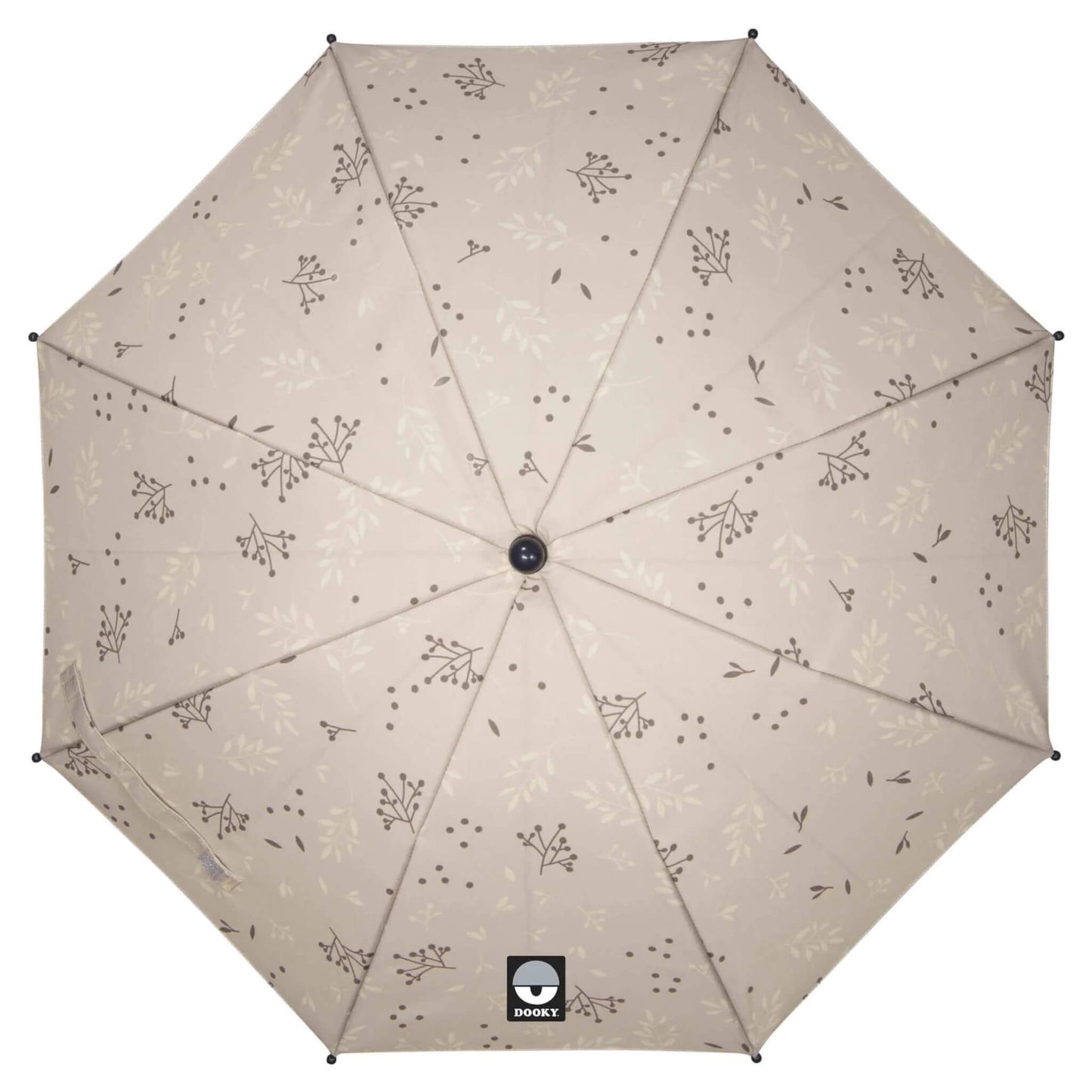 Top-down view of the Dooky Parasol in Romantic Leaves Beige, fully opened with an all-over print of soft botanical illustrations on a warm neutral canopy.