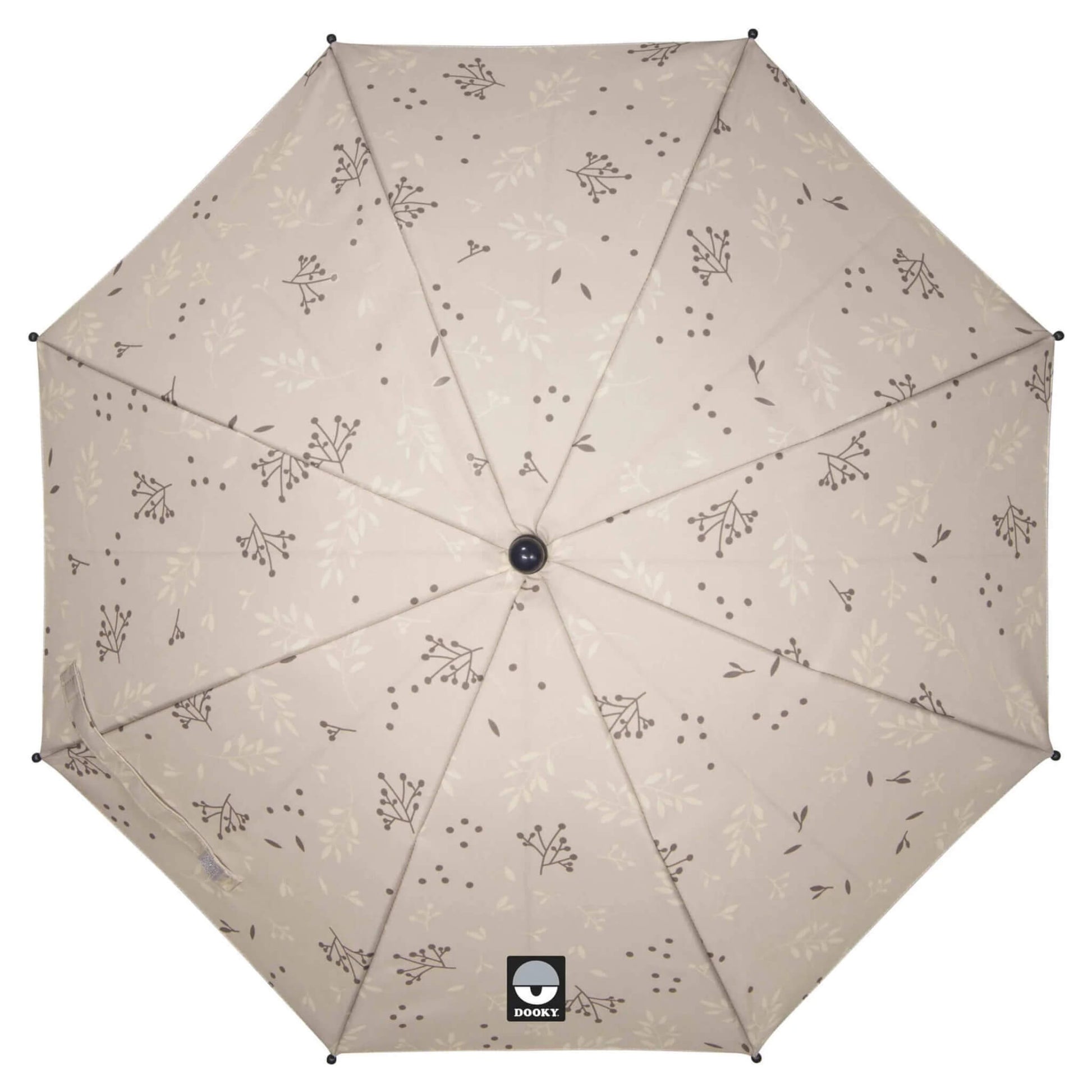 Top-down view of the Dooky Parasol in Romantic Leaves Beige, fully opened with an all-over print of soft botanical illustrations on a warm neutral canopy.