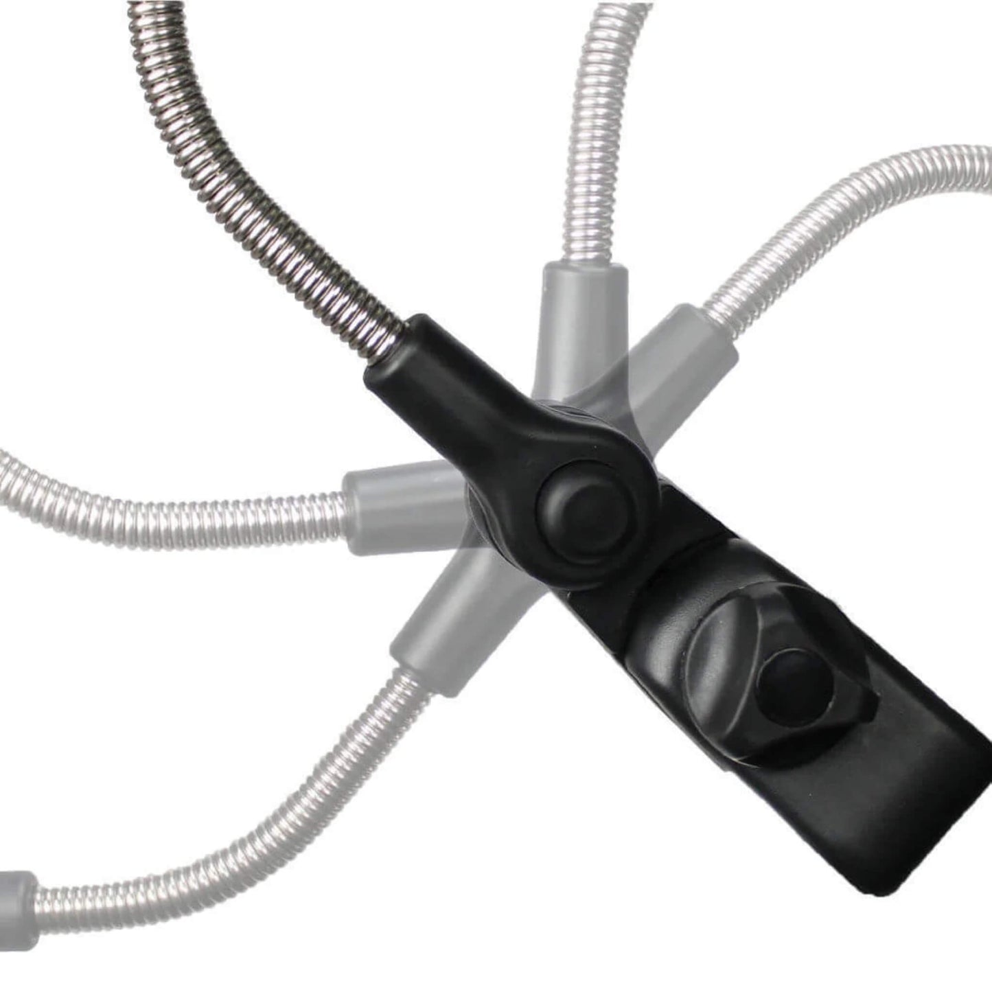 Close-up of a flexible metal arm attached to a parasol clamp, shown with ghosted overlays to demonstrate multi-directional movement.