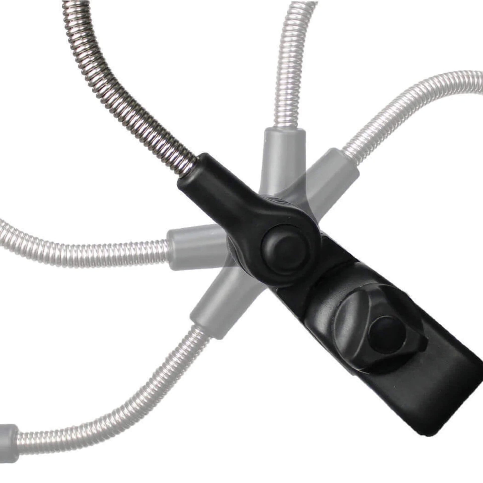 Close-up of a flexible metal arm attached to a parasol clamp, shown with ghosted overlays to demonstrate multi-directional movement.