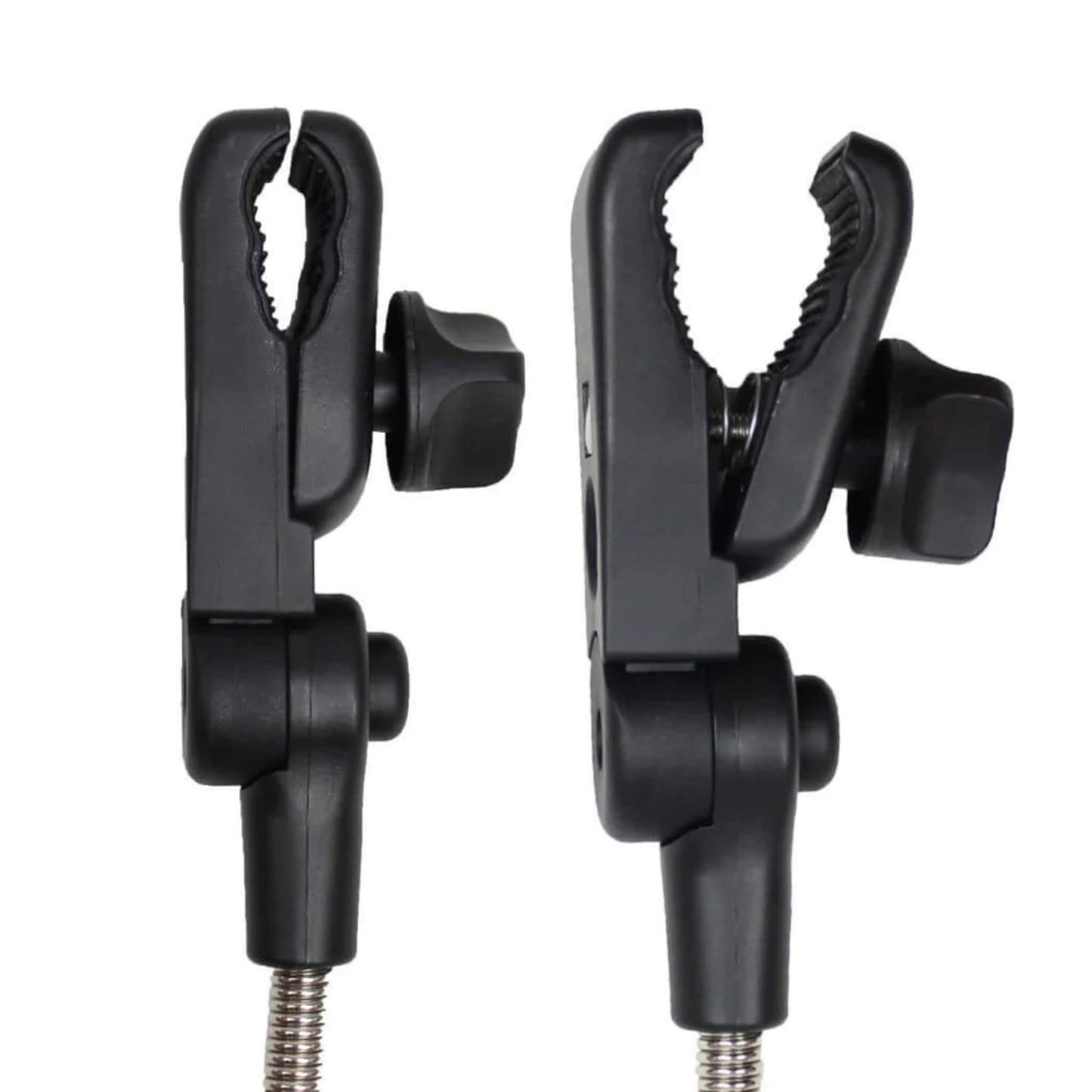 Side-by-side view of two black stroller clamp heads with open jaws and textured interiors for grip, mounted on flexible metal arms.