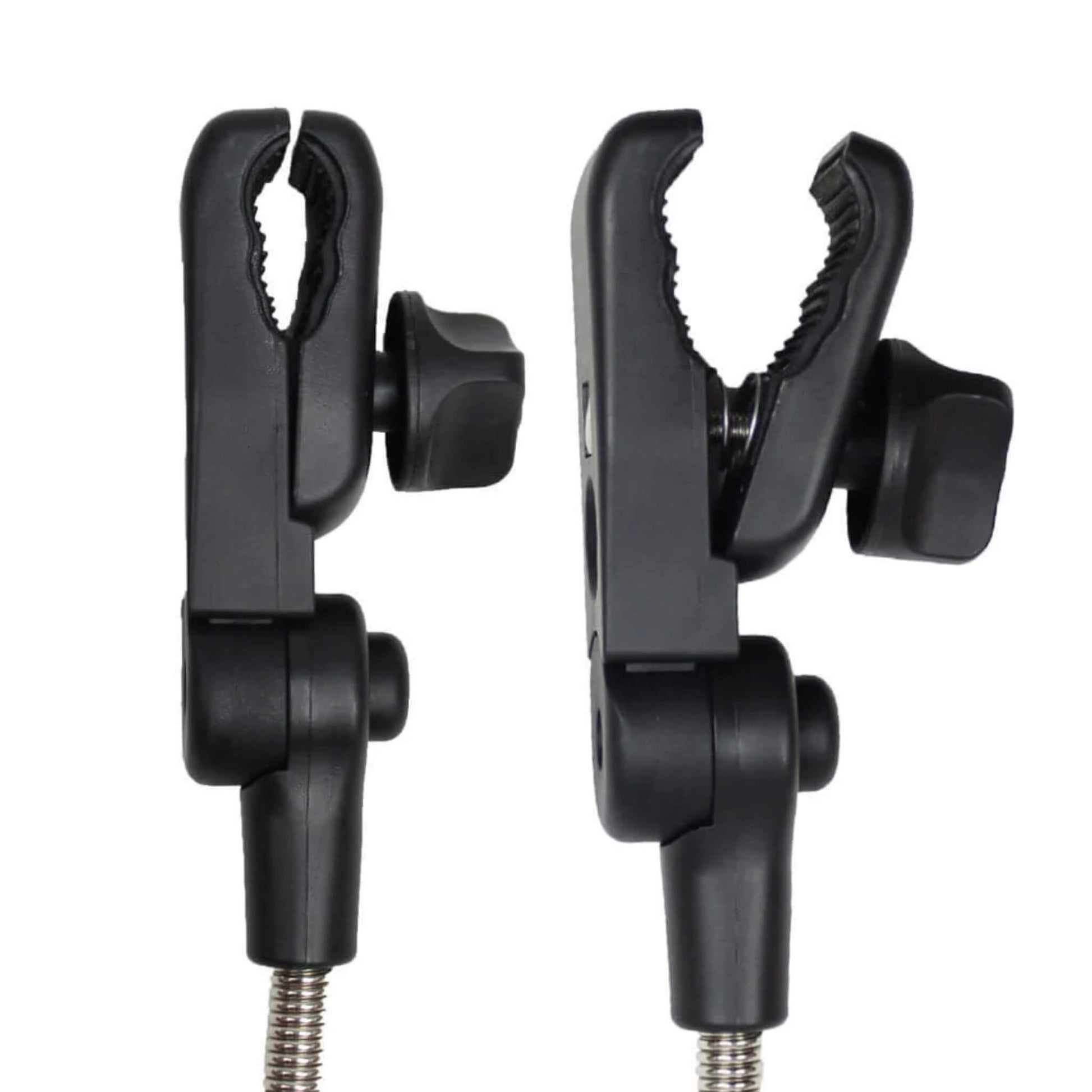 Side-by-side view of two black stroller clamp heads with open jaws and textured interiors for grip, mounted on flexible metal arms.