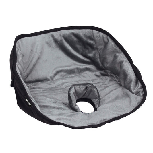 Dooky Pee-Pee Pad with soft grey plush fabric and central harness slot, designed to protect car seats from spills and accidents.