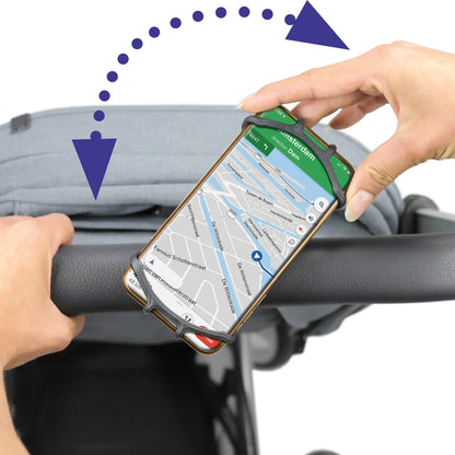 A smartphone mounted on a stroller handlebar with a black and gray strap system. Two hands are shown holding the stroller handle and the phone in place, with a blue dotted arrow graphic indicating the mounting orientation.