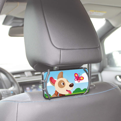 A car phone holder clip mounted on a gray car headrest, holding a smartphone with a colorful cartoon dog and butterfly screen.