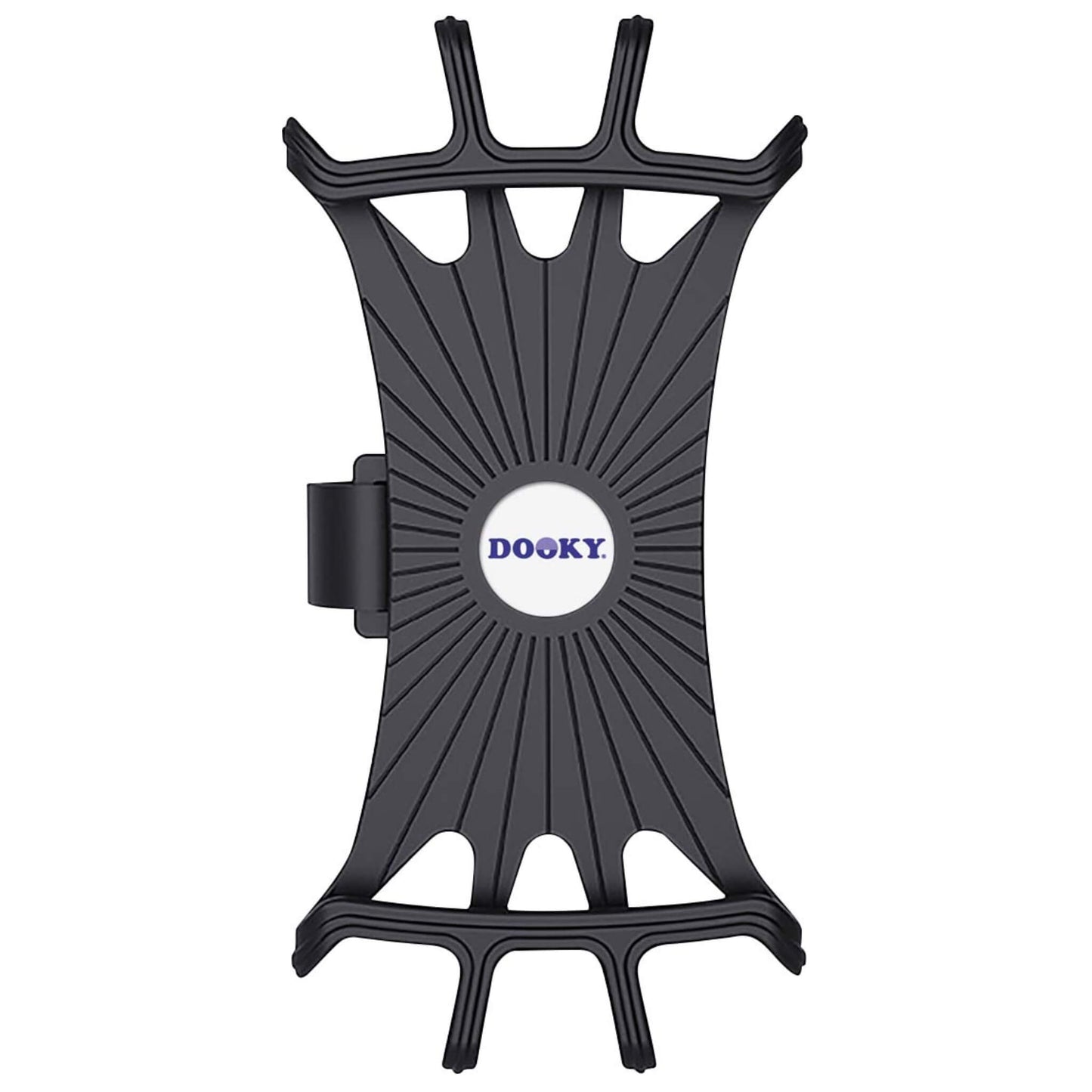 A black plastic multi-device phone holder with a central circular white logo featuring the brand name 'DOOKY' in blue. The holder has a starburst pattern and five prongs for mounting multiple phones, shown against a plain white background.