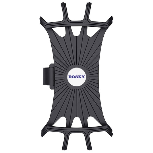 A black plastic multi-device phone holder with a central circular white logo featuring the brand name 'DOOKY' in blue. The holder has a starburst pattern and five prongs for mounting multiple phones, shown against a plain white background.